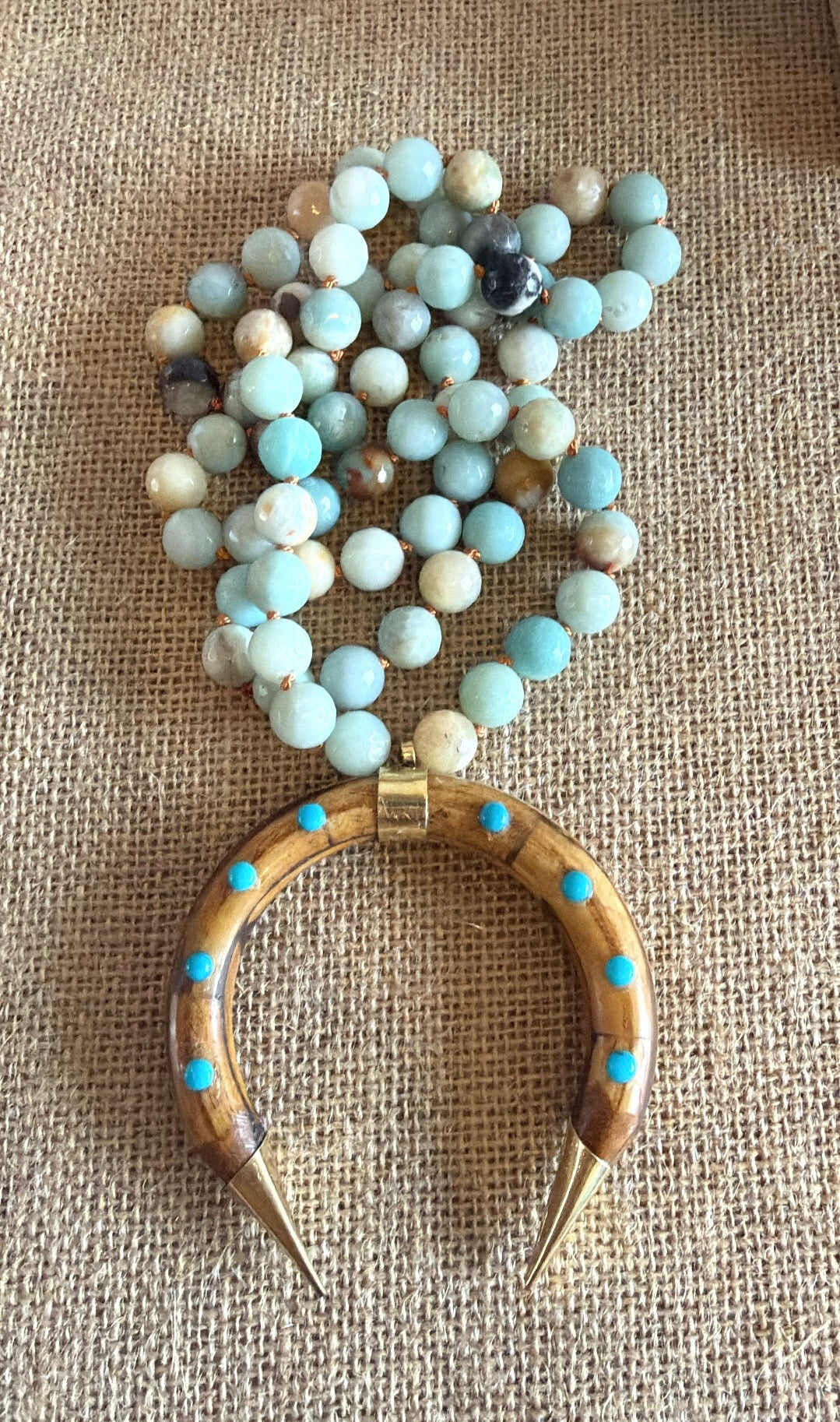 Amazonite Necklace With a Brown Ox Bone Crescent Horn and Turquoise Accent