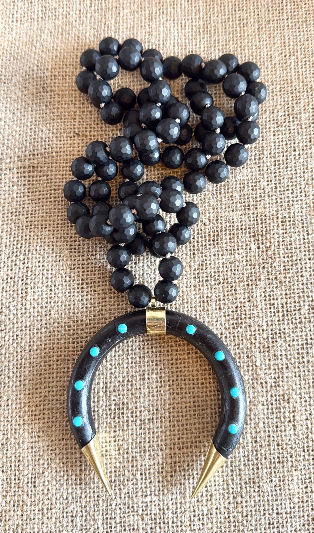 Matte Onyx With a Crescent Ox Bone Horn and Turquoise Accent
