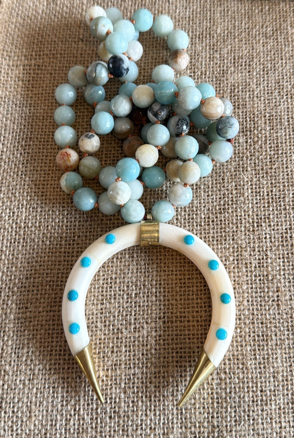 Amazonite Necklace With White Crescent Ox Bone Horn and Turquoise Accent