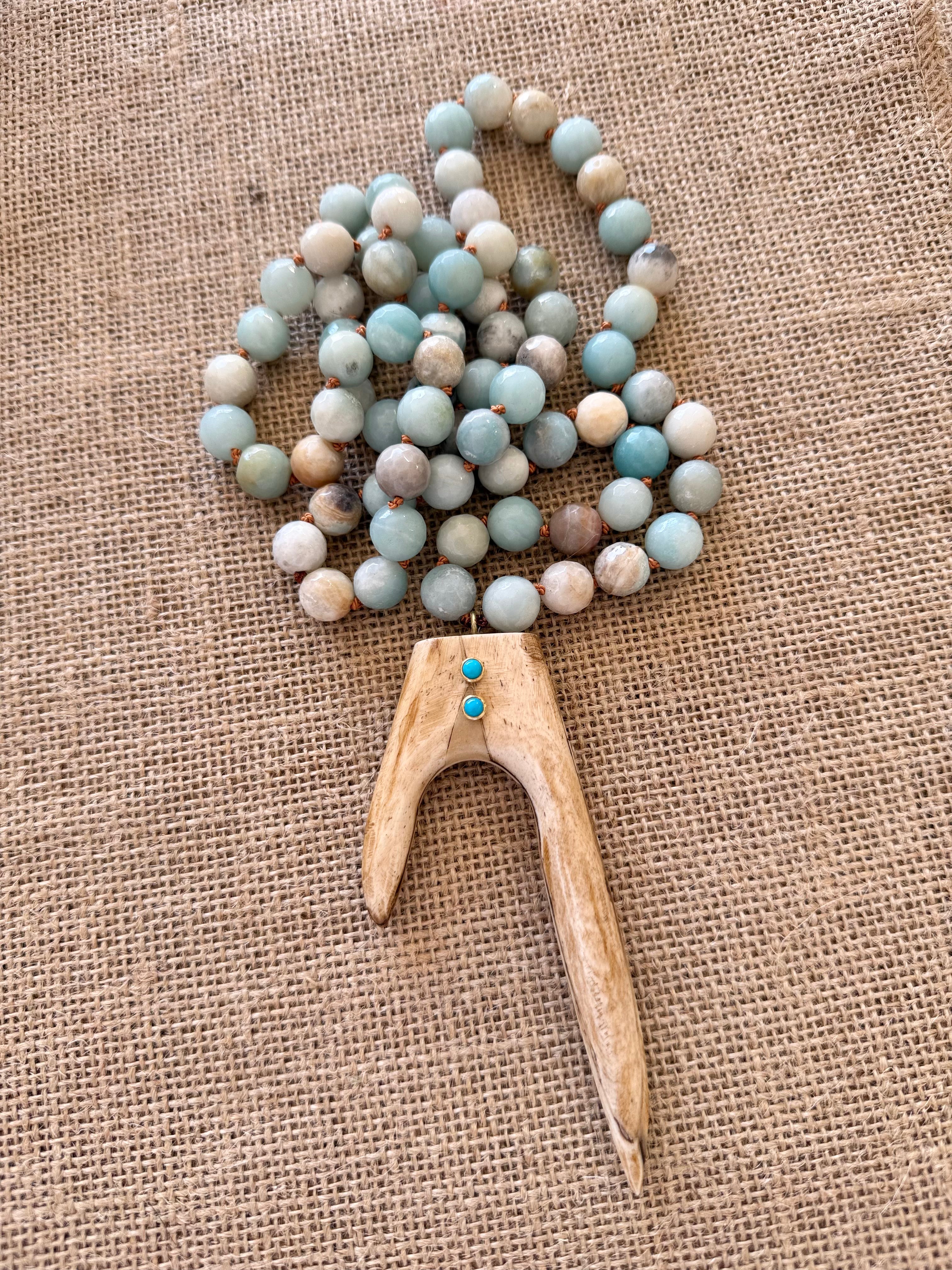 Amazonite With a Brown Ox Bone Flat Antler Horn and Turquoise Accent