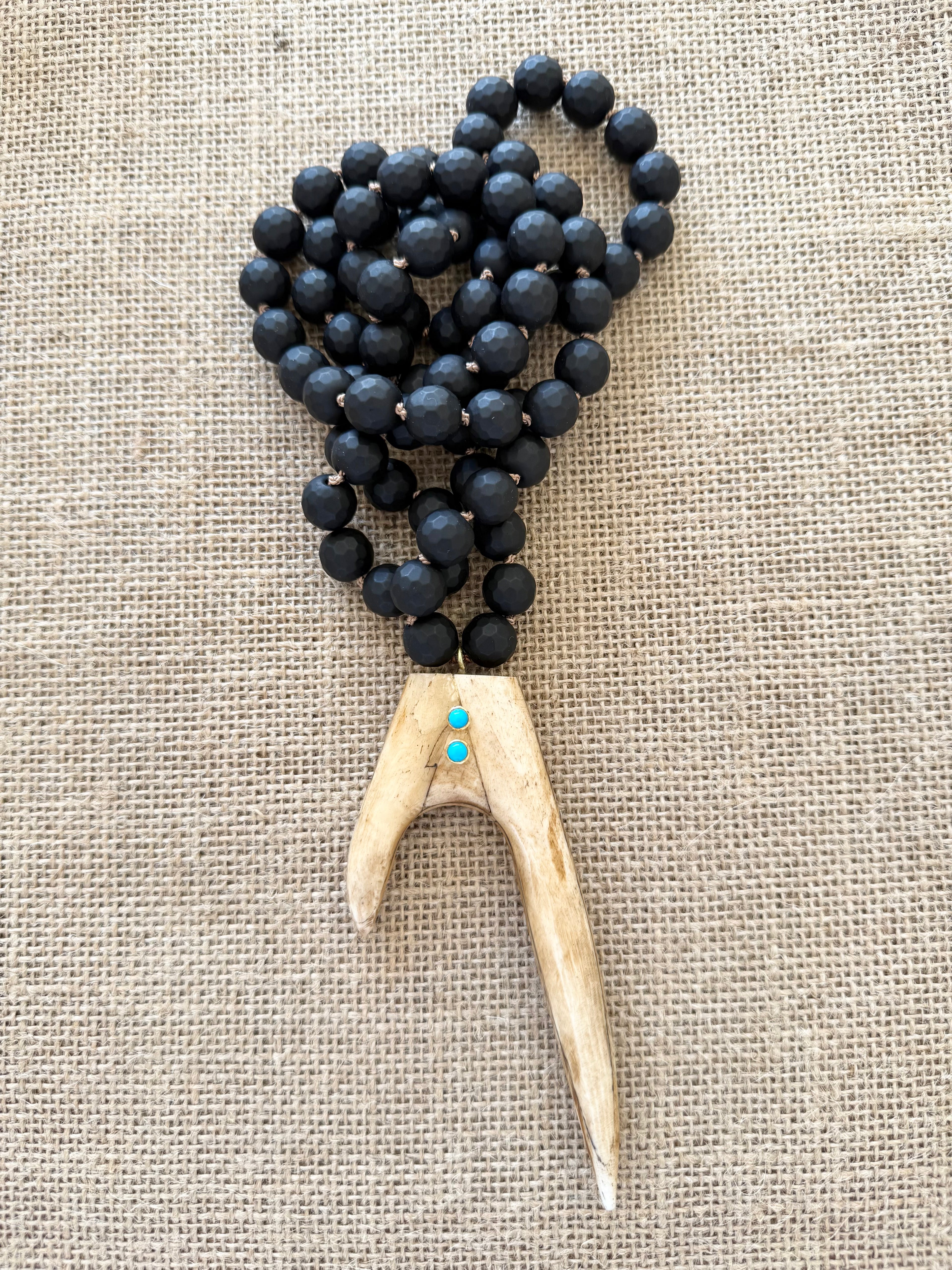 Matte Onyx With a Brown Ox Bone Flat Antler Horn and Turquoise Accent