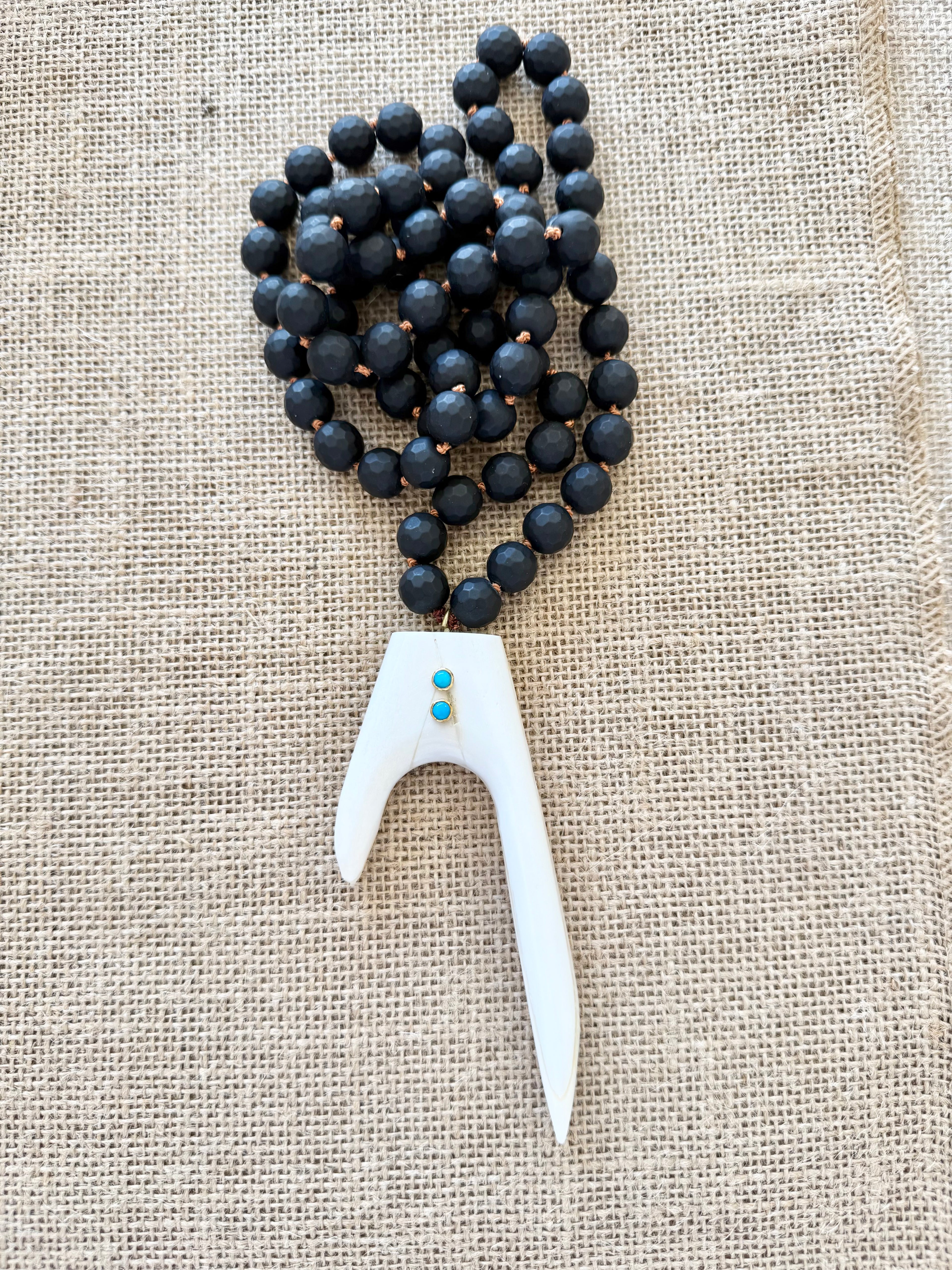 Matte Onyx With a Ox Bone Flat Antler Horn and Turquoise Accent