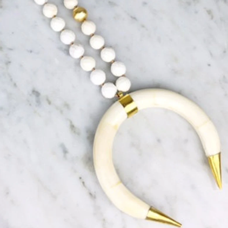 White Bone Double Horn Crescent Pendant Necklace, Knotted Faceted White Turquoise Necklace With Gold Copper Ball Accents, Boho Necklace