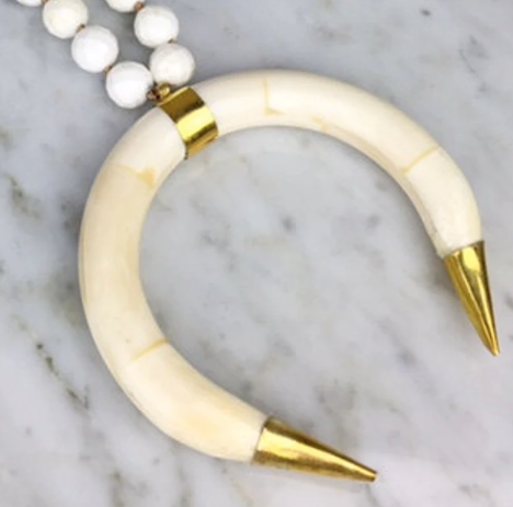 White Bone Double Horn Crescent Pendant Necklace, Knotted Faceted White Turquoise Necklace With Gold Copper Ball Accents, Boho Necklace