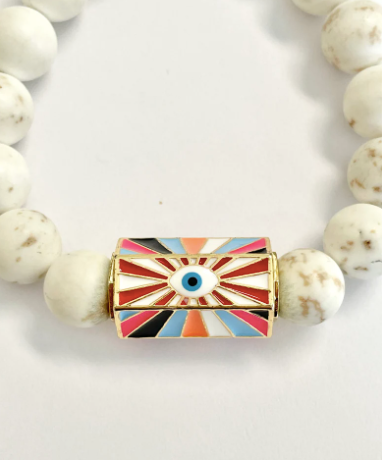 White Turquoise Bracelet With a Green Multi-Colored Evelin Eye Bead