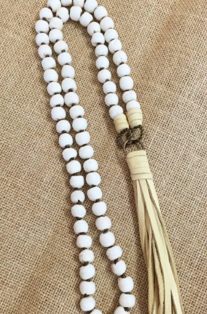 White Knotted African Glass Beads With Deerhide Tassel Necklace