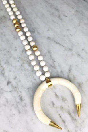 White Bone Double Horn Crescent Pendant Necklace, Knotted Faceted White Turquoise Necklace With Gold Copper Ball Accents, Boho Necklace