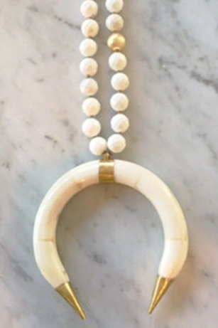 White Bone Double Horn Crescent Pendant Necklace, Knotted Faceted White Turquoise Necklace With Gold Copper Ball Accents, Boho Necklace