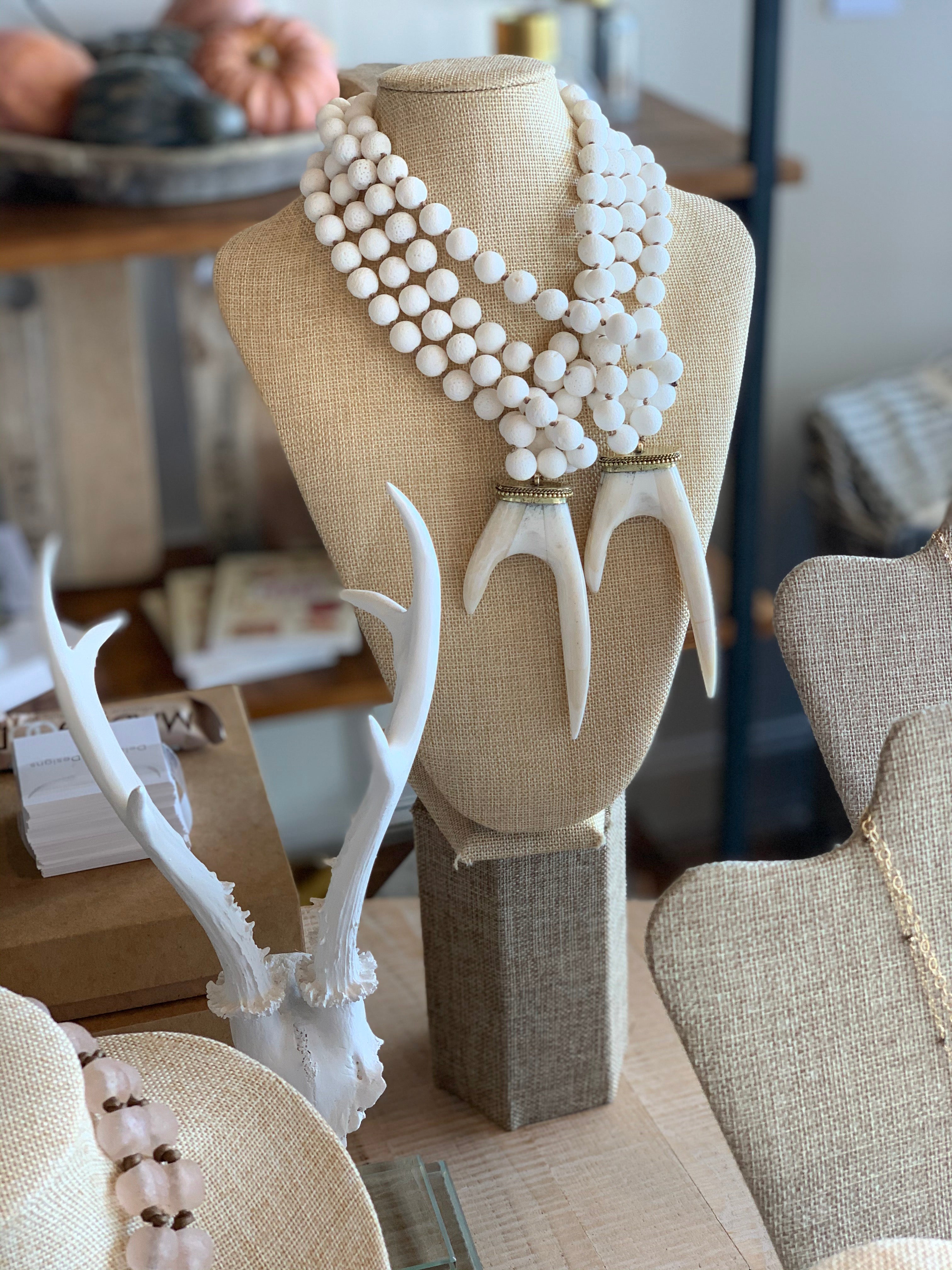 White Coral Necklace with Ox Bone Flat Antler